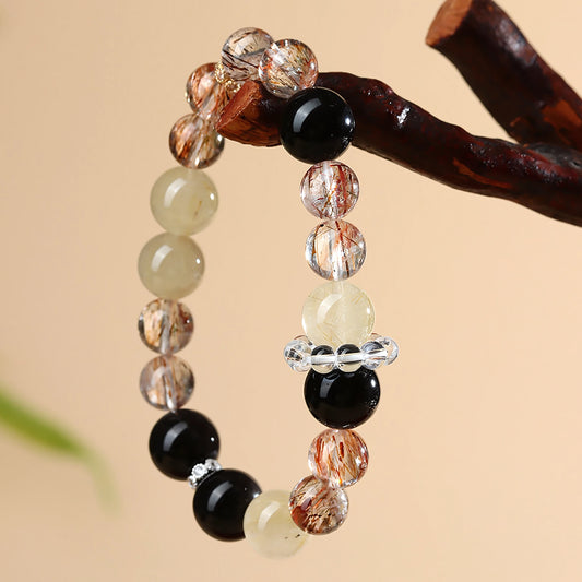 Black Obsidian · Gold Rutilated Quartz · Citrine Bracelet — Protection · Wealth · Abundance