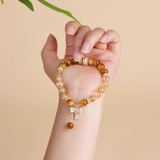 Golden Hour on Your Wrist — Tiger Eye & Citrine Bow Charm Bracelet