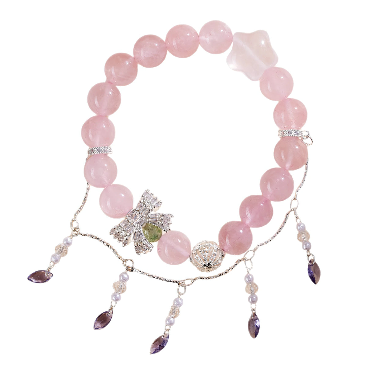 Bloom Into Your Most Beautiful Self — Rose Quartz Magnolia Bow & Tassel Bracelet