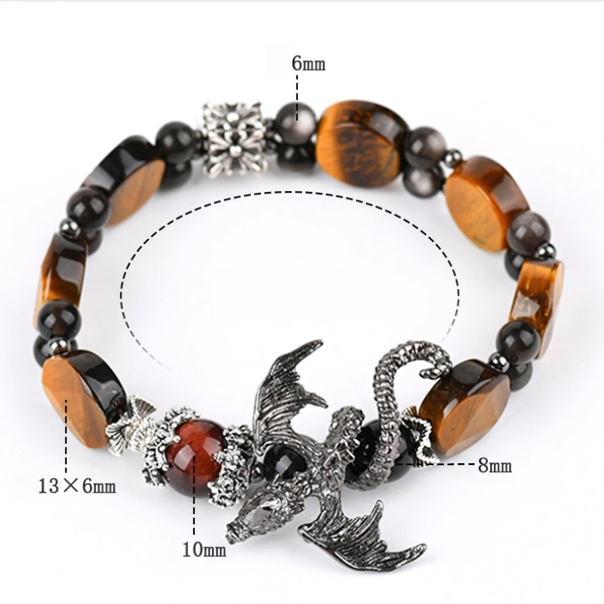 Tiger Eye · Silver Obsidian · Dragon Charm Bracelet — Courage · Power · Unstoppable Energy