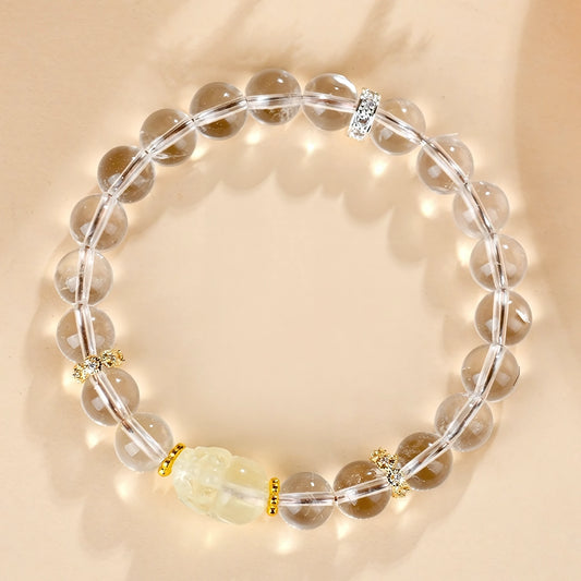 Wealth Follows You — Clear Quartz & White Jade Pixiu Stretch Bracelet