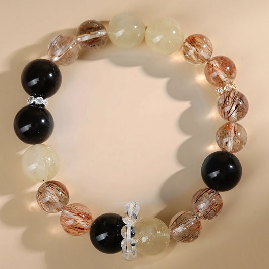 Black Obsidian · Gold Rutilated Quartz · Citrine Bracelet — Protection · Wealth · Abundance