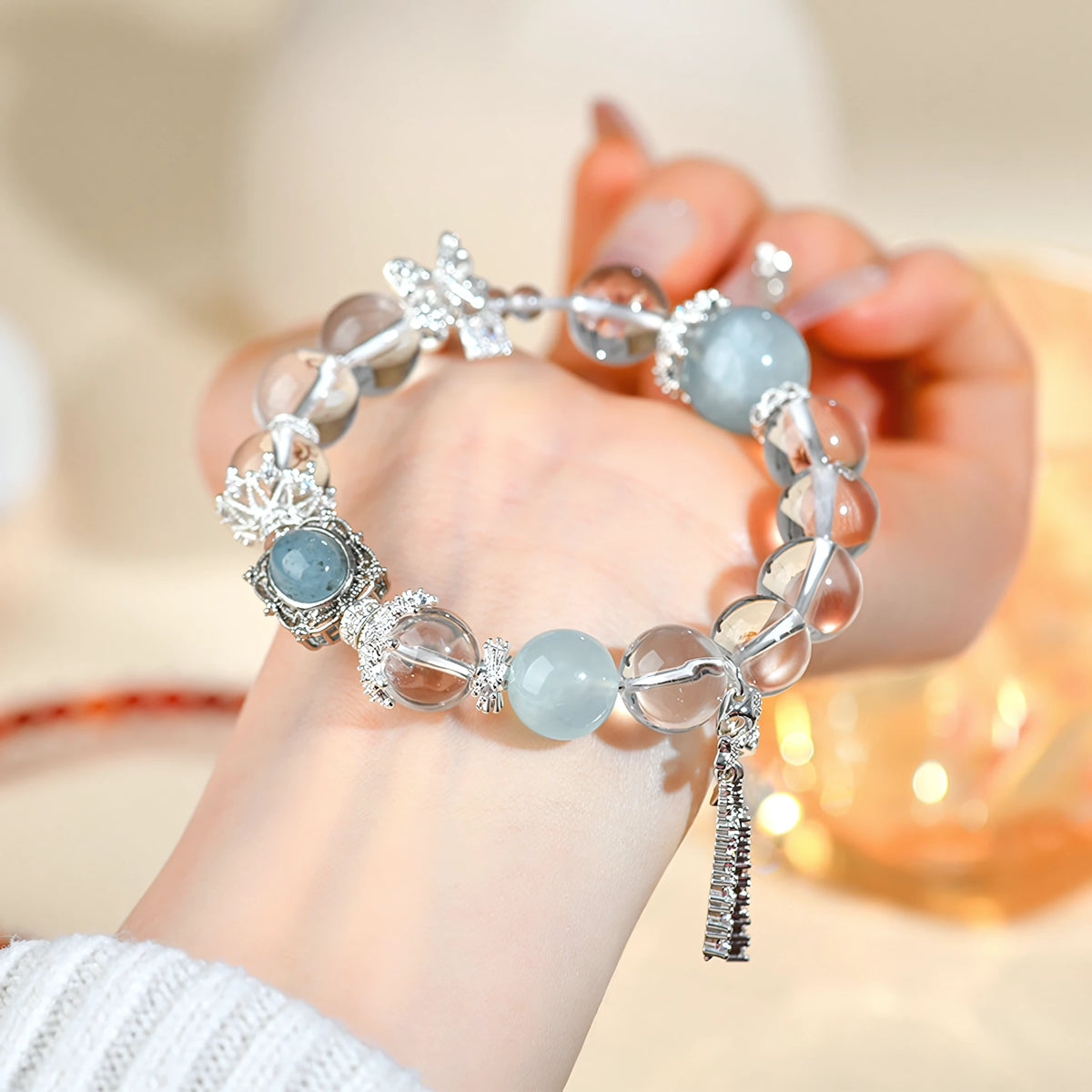 Pure as Morning Light — Clear Quartz & Aquamarine bowknot Crystal Bracelet