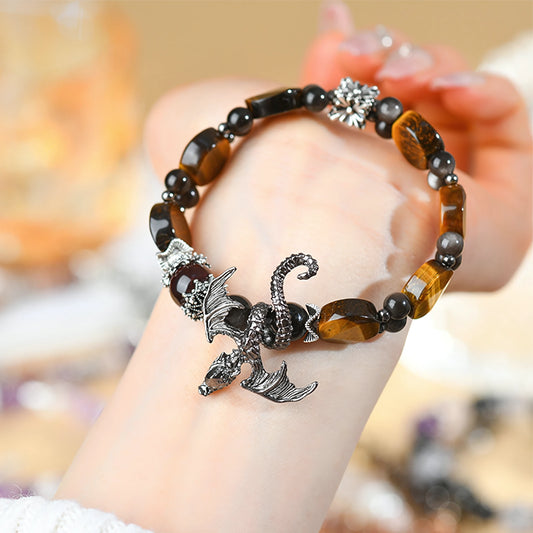 Tiger Eye · Silver Obsidian · Dragon Charm Bracelet — Courage · Power · Unstoppable Energy