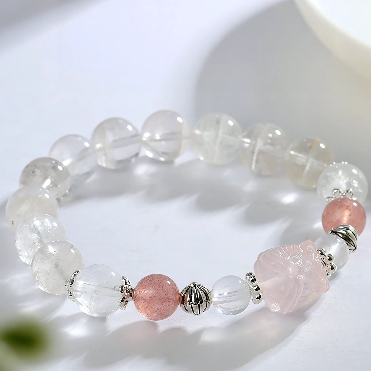 Invite Luck In — Clear Quartz & Strawberry Crystal Pixiu Bracelet