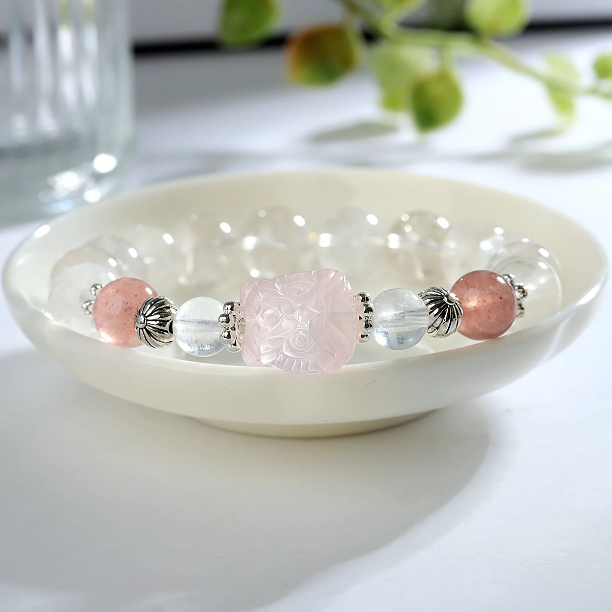 Invite Luck In — Clear Quartz & Strawberry Crystal Pixiu Bracelet
