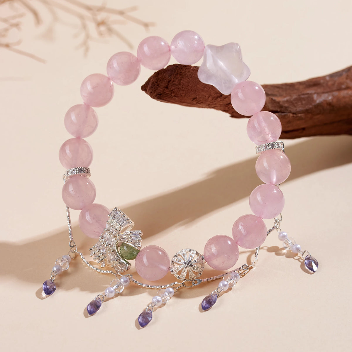 Bloom Into Your Most Beautiful Self — Rose Quartz Magnolia Bow & Tassel Bracelet