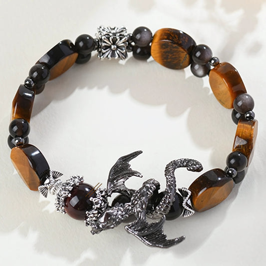 Tiger Eye · Silver Obsidian · Dragon Charm Bracelet — Courage · Power · Unstoppable Energy