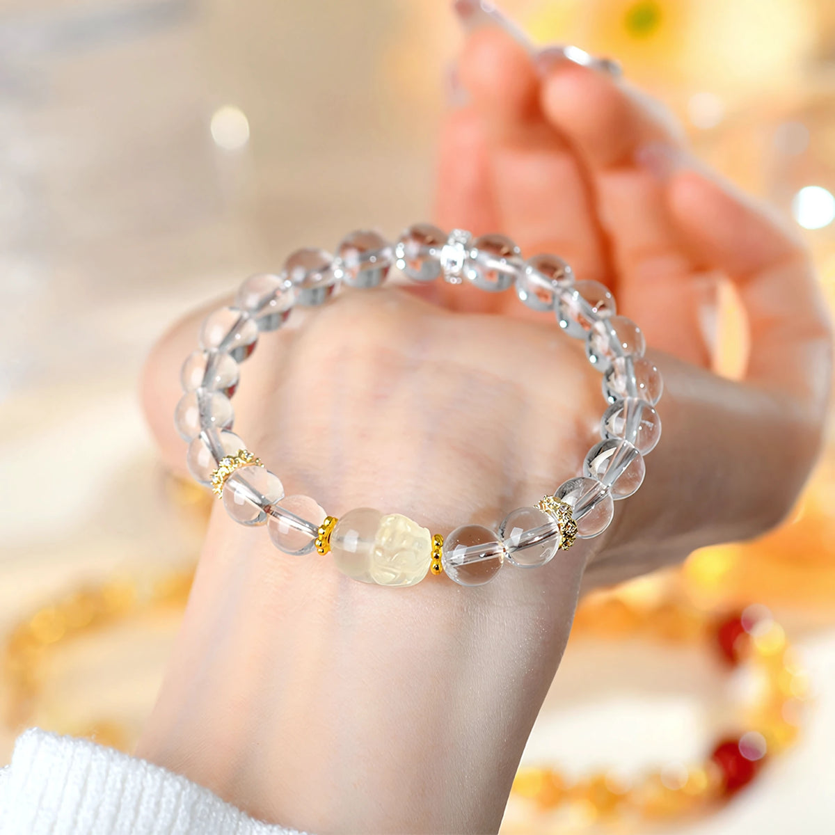 Wealth Follows You — Clear Quartz & White Jade Pixiu Stretch Bracelet