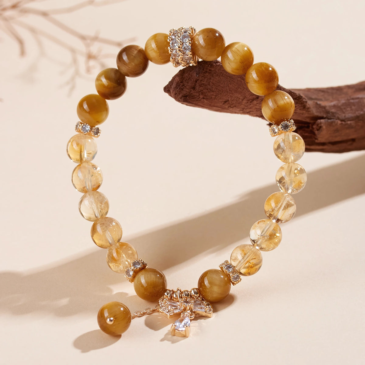 Golden Hour on Your Wrist — Tiger Eye & Citrine Bow Charm Bracelet