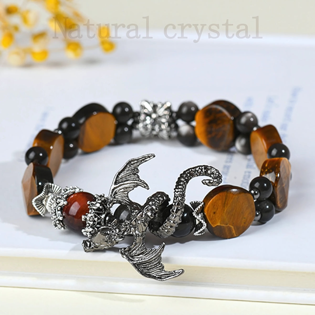 Tiger Eye · Silver Obsidian · Dragon Charm Bracelet — Courage · Power · Unstoppable Energy