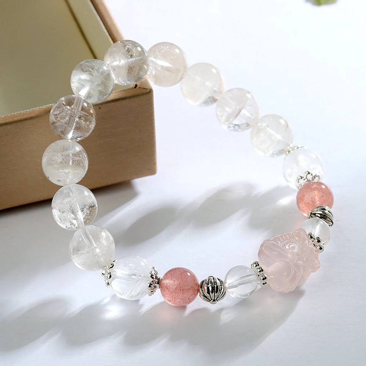 Invite Luck In — Clear Quartz & Strawberry Crystal Pixiu Bracelet