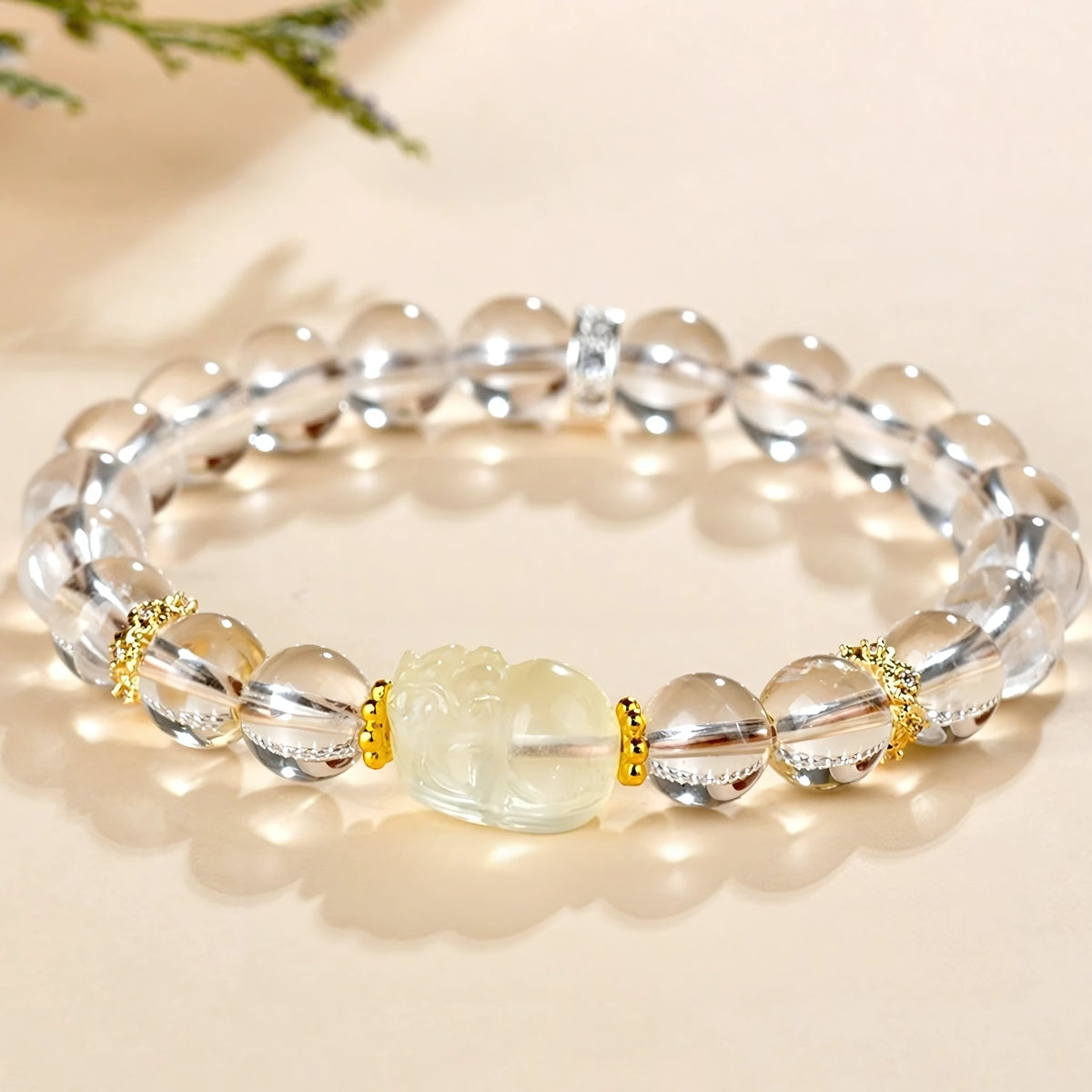 Wealth Follows You — Clear Quartz & White Jade Pixiu Stretch Bracelet