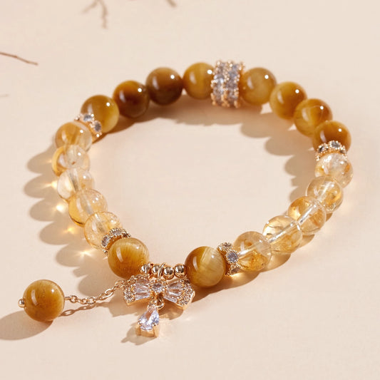 Golden Hour on Your Wrist — Tiger Eye & Citrine Bow Charm Bracelet