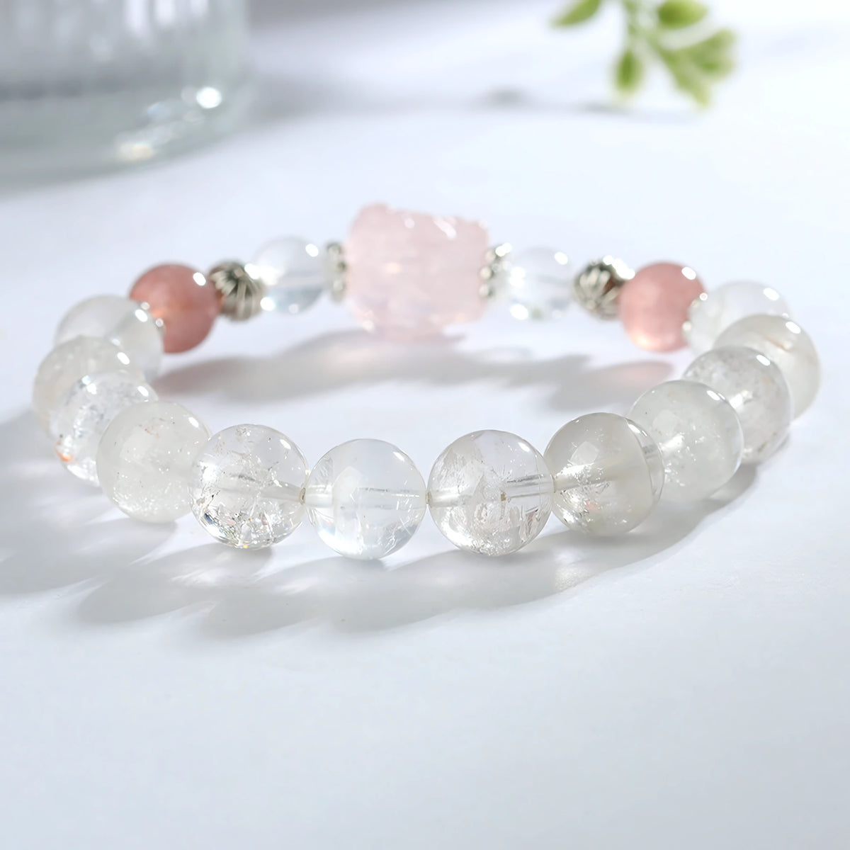 Invite Luck In — Clear Quartz & Strawberry Crystal Pixiu Bracelet