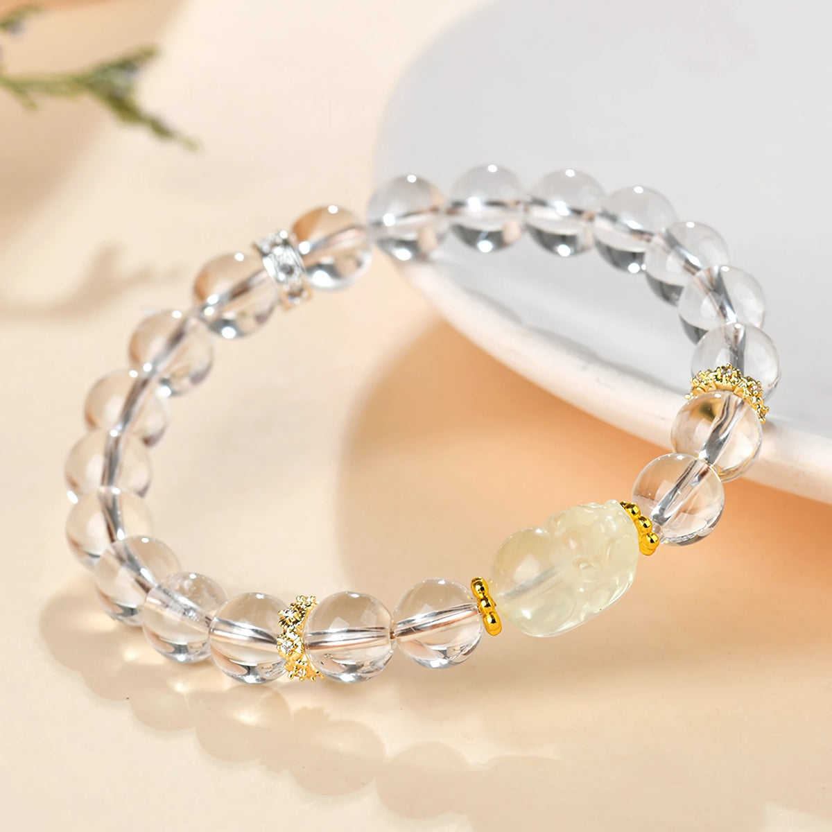 Wealth Follows You — Clear Quartz & White Jade Pixiu Stretch Bracelet