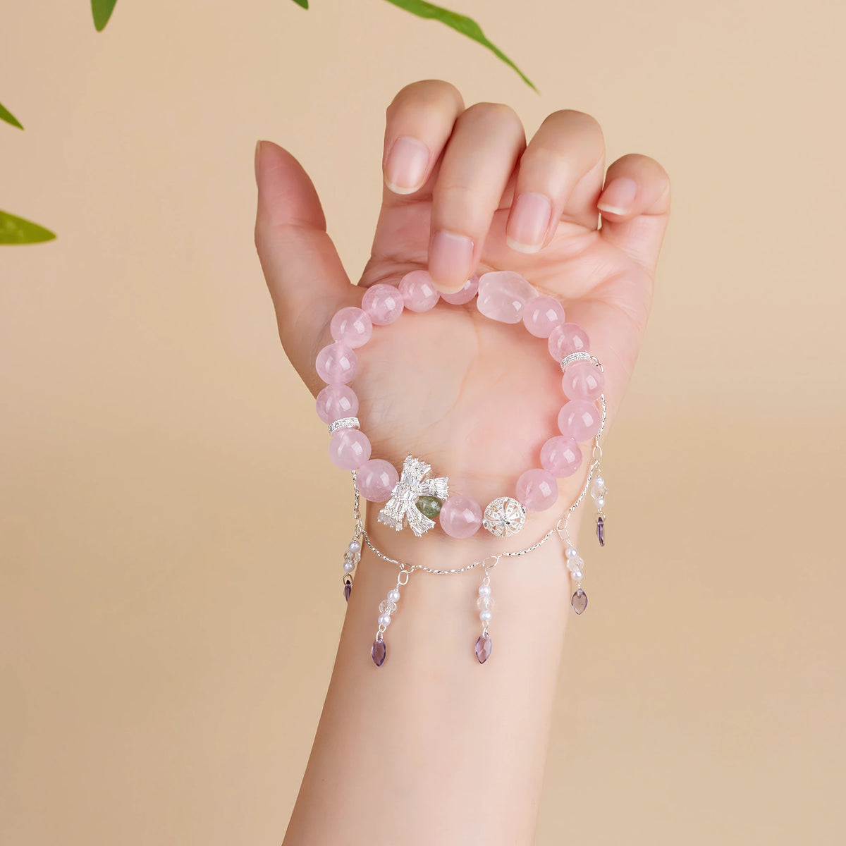 Bloom Into Your Most Beautiful Self — Rose Quartz Magnolia Bow & Tassel Bracelet