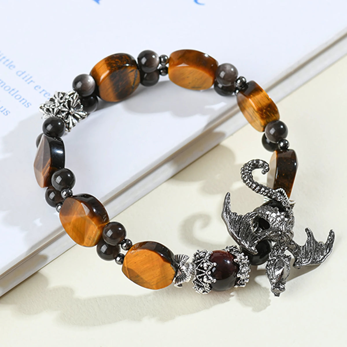 Tiger Eye · Silver Obsidian · Dragon Charm Bracelet — Courage · Power · Unstoppable Energy