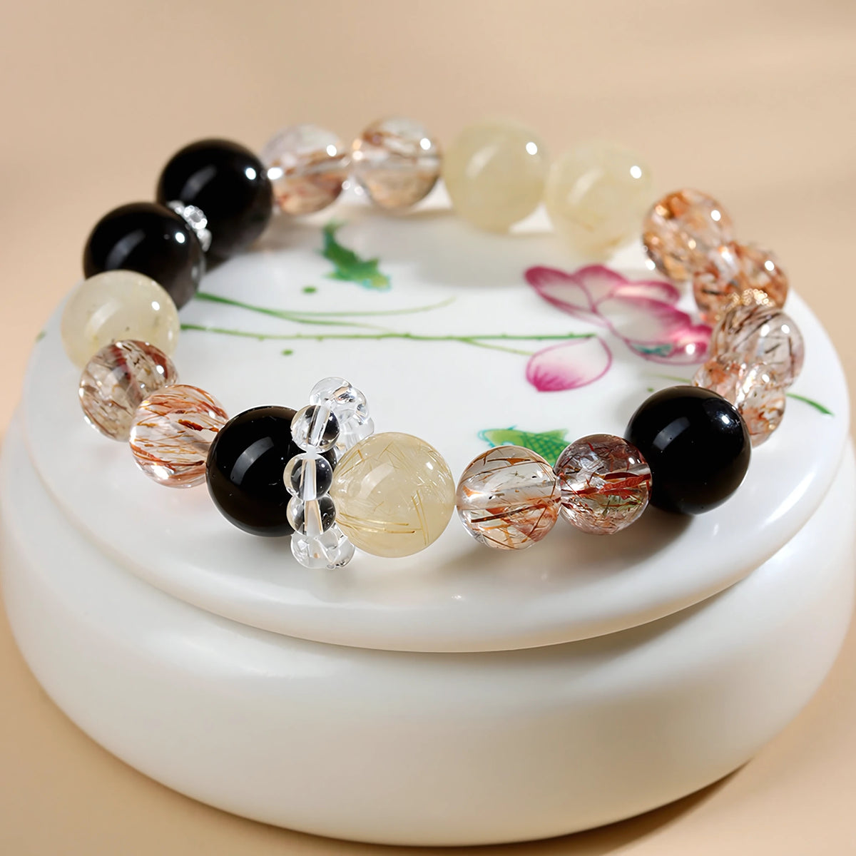 Black Obsidian · Gold Rutilated Quartz · Citrine Bracelet — Protection · Wealth · Abundance