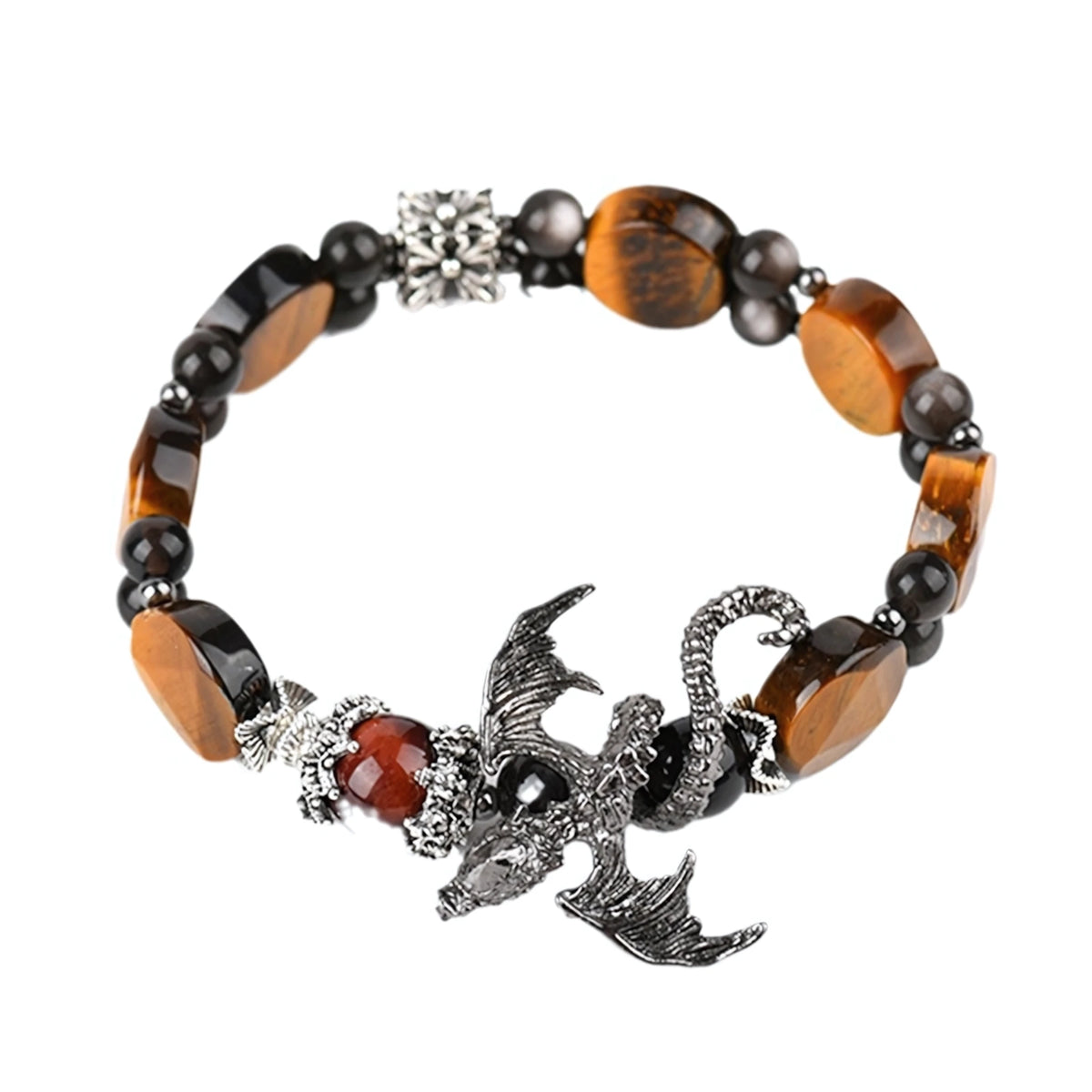 Tiger Eye · Silver Obsidian · Dragon Charm Bracelet — Courage · Power · Unstoppable Energy