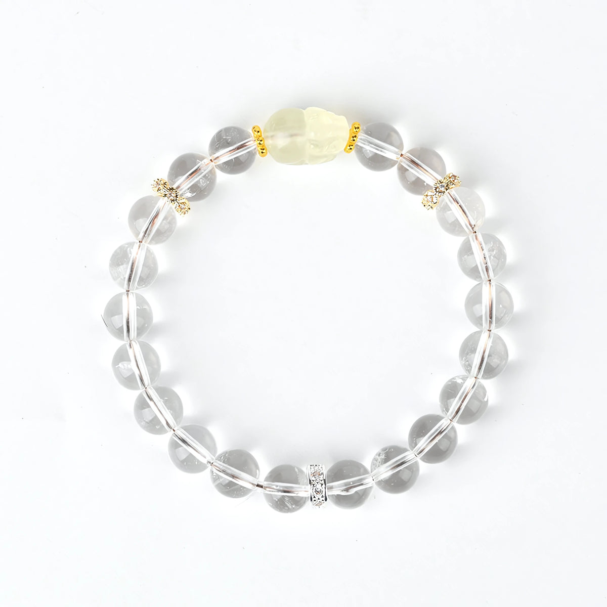 Wealth Follows You — Clear Quartz & White Jade Pixiu Stretch Bracelet