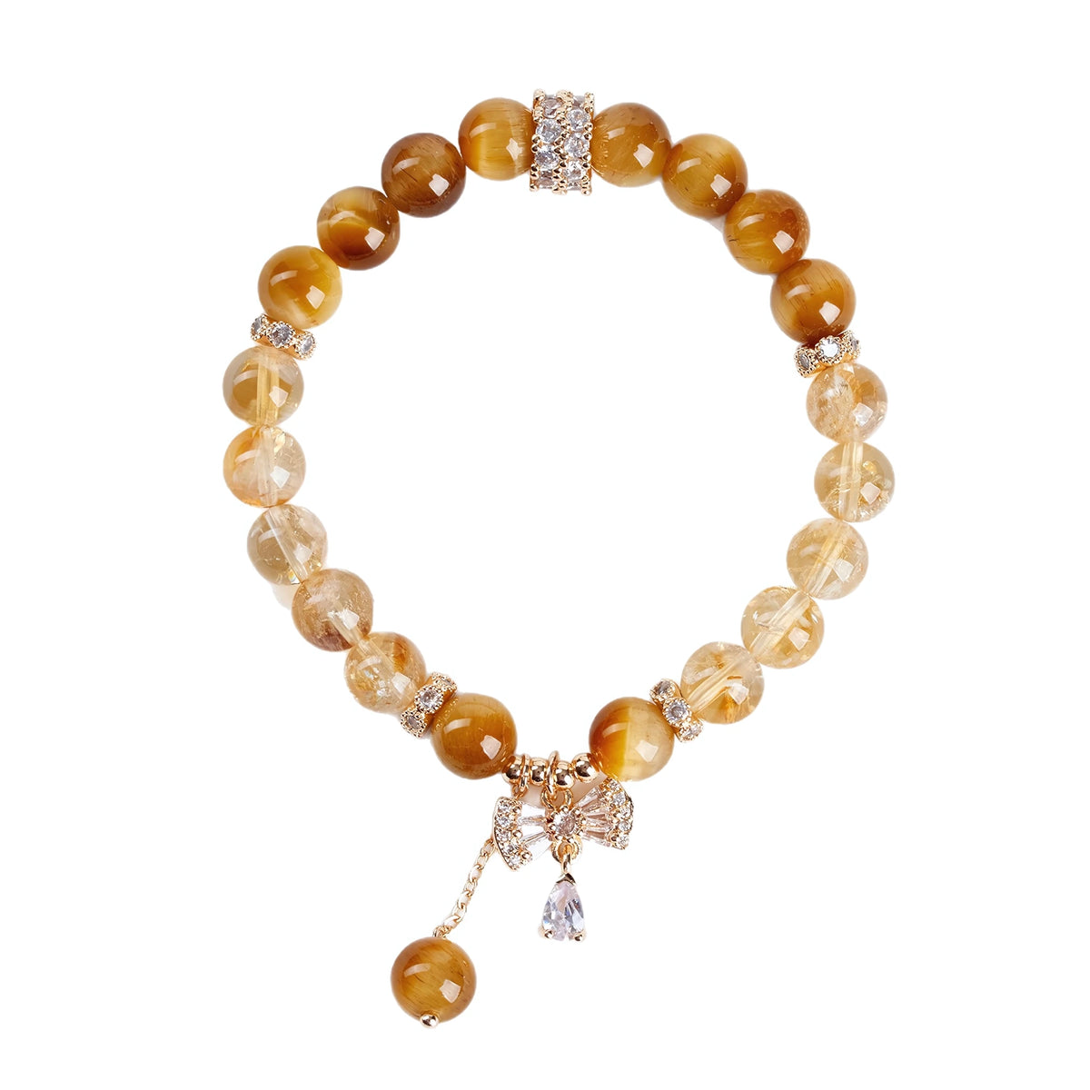 Golden Hour on Your Wrist — Tiger Eye & Citrine Bow Charm Bracelet