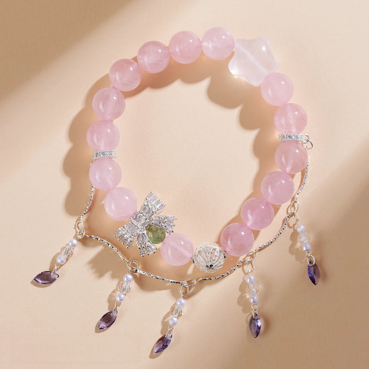 Bloom Into Your Most Beautiful Self — Rose Quartz Magnolia Bow & Tassel Bracelet
