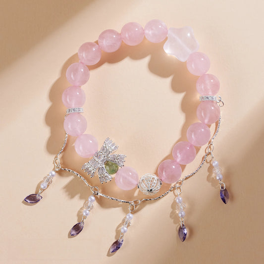 Bloom Into Your Most Beautiful Self — Rose Quartz Magnolia Bow & Tassel Bracelet