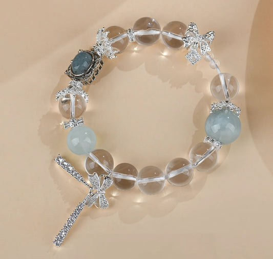 Pure as Morning Light — Clear Quartz & Aquamarine bowknot Crystal Bracelet