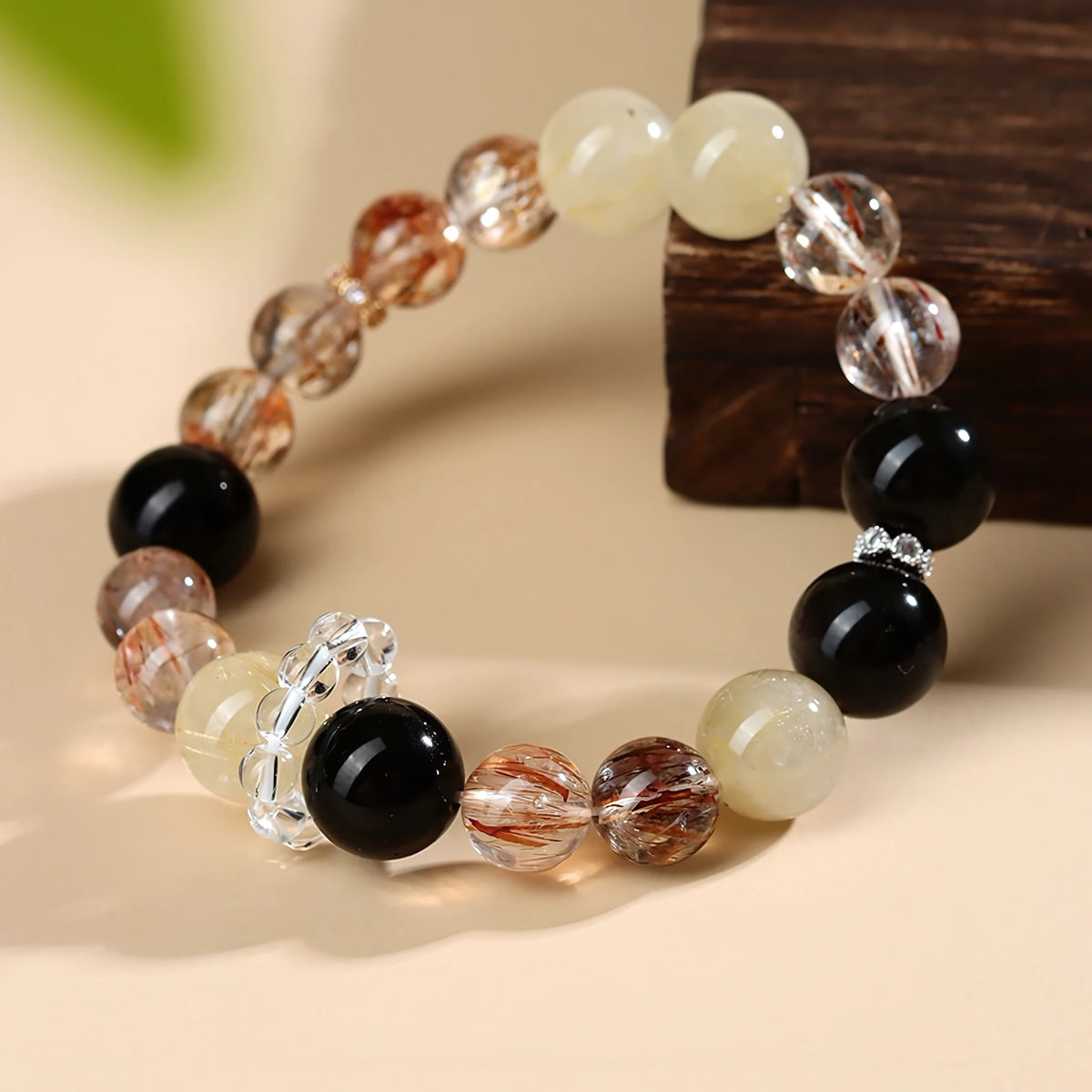 Black Obsidian · Gold Rutilated Quartz · Citrine Bracelet — Protection · Wealth · Abundance